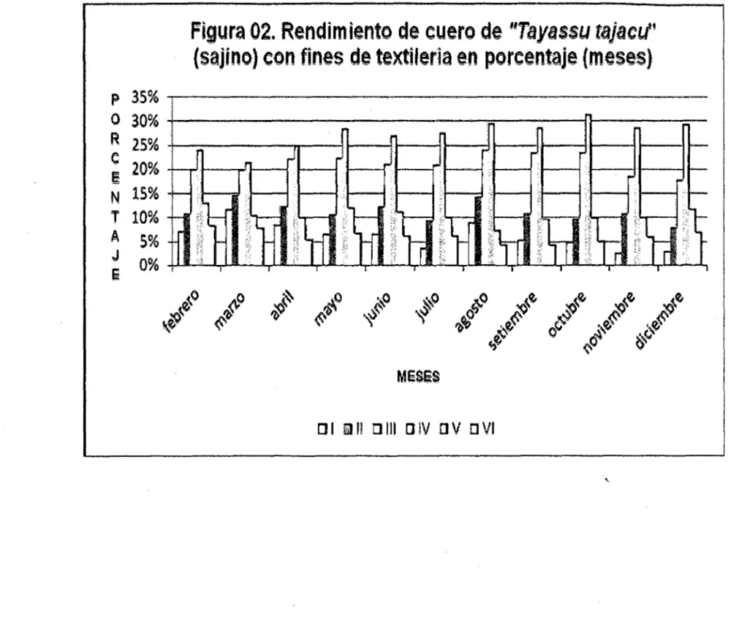 Figura 02. Rendimiento de cuero de &#34;Tayassu tajacLI'  (sajino) ,con fines de textileria en  porcentaje