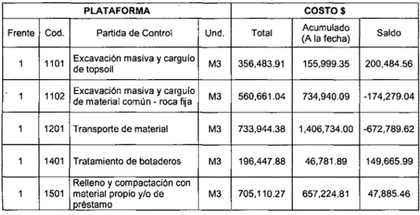 Tabla W09.  Resumen  de costos por Partida de control,  Frente 01  -Plataforma. 