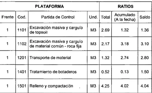 Tabla  No  13.  Resumen de ratios por Partida de control,  Frente 01  - Plataforma. 