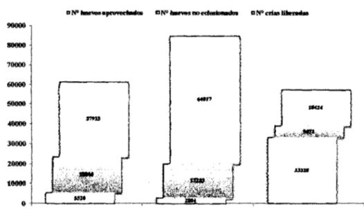 Figura 02. Aprovechamiento y manejo de las nidadas  de  P.  unifi/is  en las tres cuencas  de la RNPS de 1994 al2005 