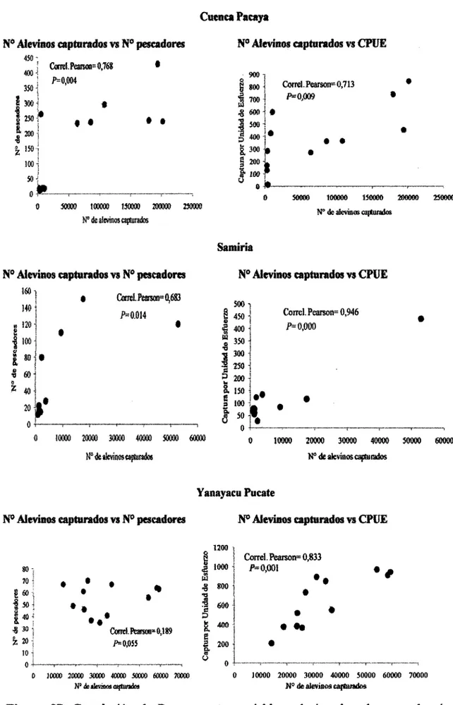 Figura  07.  Correlación  de  Pearson  entre  variables  relacionadas  al  aprovechamiento  y  manejo de los alevinos de arahuana en las tres cuencas de la RNPS  de  1994- 2005