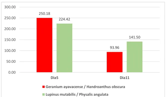 Gráfico  4:  muestra  en  el  Grupo  4  Geranium  ayavacense  /  Handroanthus  obscura, una disminución de la glicemia del quinto al onceavo día (de 250.17  mg/dL  a  93.96  mg/dL  siendo  éste  valor  considerado  como  Normoglicemia),  mientras  que el  