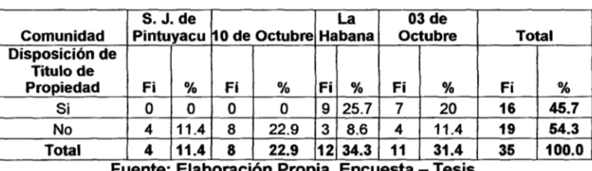 Cuadro N° 04:  Disposición de Titulo de Propiedad. 