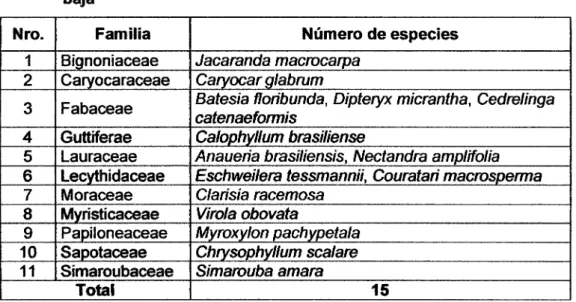 Cuadro 4.  Distribución de especies por familia  botánica del bosque de terraza  baja 