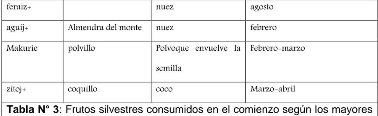 Tabla N° 3: Frutos silvestres consumidos en el comienzo según los mayores  y  ancianos del clan Amenan+(gente de palo).