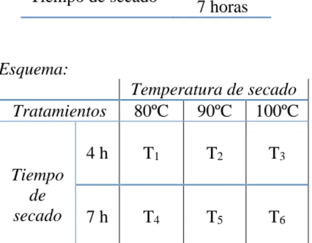 Tabla 11. Representación de factores y niveles de proceso   Factores   Niveles   Temperatura de  secado   80 ºC 90 ºC  100 ºC  Tiempo de secado   4 horas  7 horas                                Esquema:  Temperatura de secado  Tratamientos  80ºC  90ºC  100