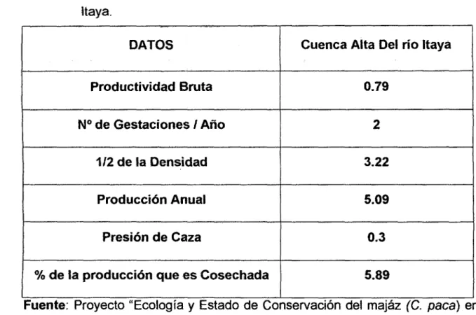Tabla 5:  Modelo  de  cosecha  para  el  majáz  (C.  paca)  en  la  cuenca  alta  del  río  ltaya