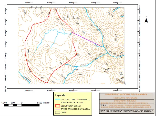 Figura 5. Red hidrográfica y topografía zona La Quesera  Fuente: Gorecaj. 2017 