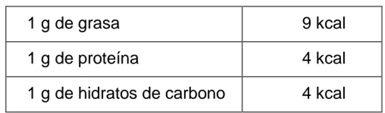 TABLA N° 04. VALOR ENERGÉTICO POR  GRAMO DE MACRONUTRIENTE 