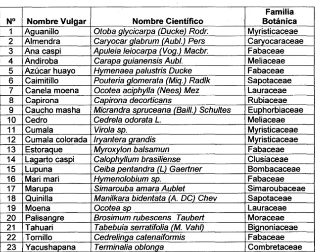 Cuadro 01.  Lista de la composición florística del área evaluada 
