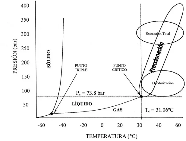 Figura 2: Dióxido de carbono a diferentes temperaturas y presiones. 