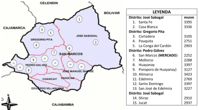 Figura  1.  Mapa  de  la  Provincia  de  San  Marcos,  sus  distritos  y  las  localidades de recolección de plantas medicinales