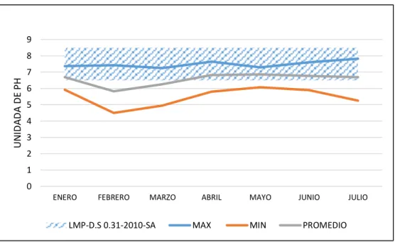 Gráfico N° 06: Valores Promedio, Máximos y Mínimos de pH en la ciudad de  Iquitos.
