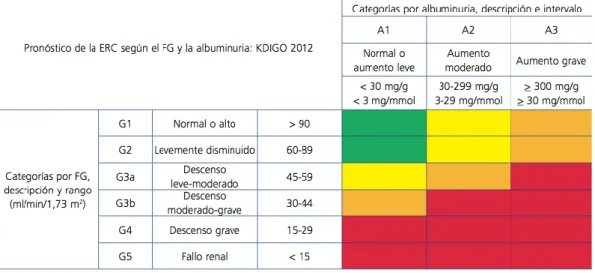 Tabla 2. Pronóstico de la Enfermedad Renal Crónica según la tasa de  filtración glomerular estimada y albuminuria