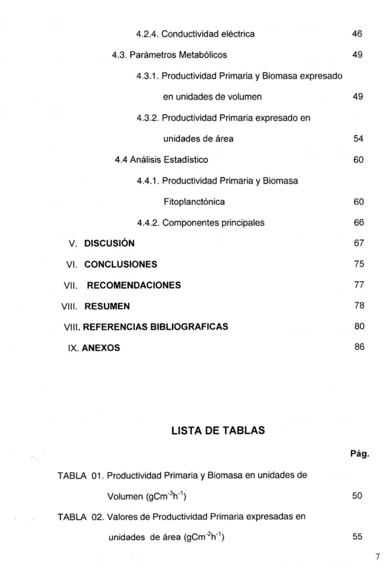 TABLA 01. Productividad Primaria y Biomasa en unidades de 