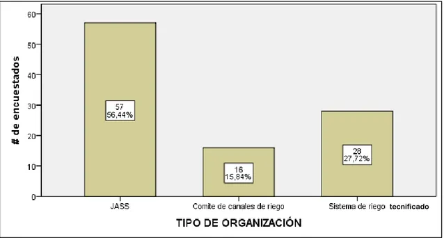 Figura 5. Número y porcentaje de usuarios por tipo de organización del Centro Poblado de Combayo,  Distrito de la Encañada, Provincia – Departamento Cajamarca, 2016-2017