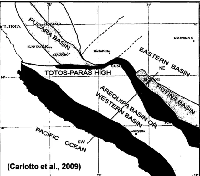 Figura  3.3.  Paleogeografía  del  sur  del  Perú  con  el  alto  estructural  denominado  Umbral  Cusco- Puno