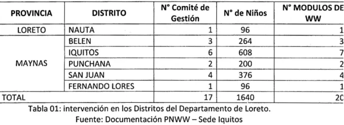 Tabla  0 1 : intervención en los Distritos del Departamento de Loreto. 