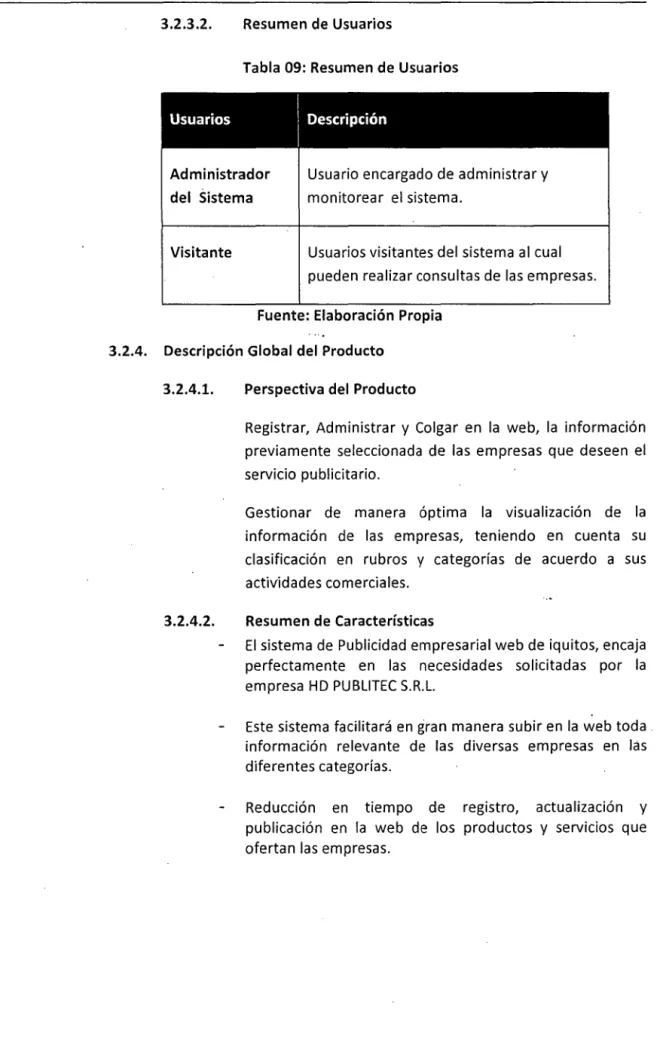 Tabla 09:  Resumen de  Usuarios 