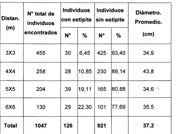 Cuadro 2:  Número  de  plantas  con  o  sin  estípites  visibles  y  diámetro  promedio  alcanzado  en  una  plantación  de  aguaje  de  23  años  de  edad  en  Puerto Almendras,  Loreto- Perú