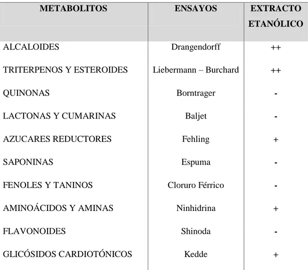 Tabla  5  observamos  en  el  extracto  etanolico  una  moderada  cantidad  de  metabolitos  secundarios  como  son  los  alcaloides,  triterpenos  y  esteroides,  en  este  extracto  se  observó azucares reductores, aminoácidos y aminas en leve cantidad