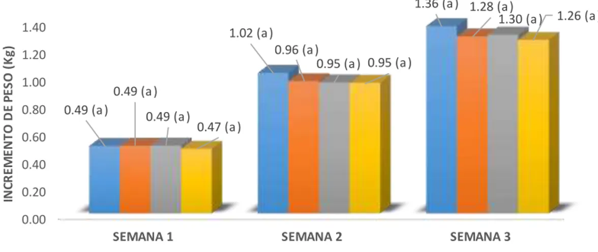 Gráfico  3.  Evolución  del  Incremento  de peso semanal  y  acumulado  en  promedio /       kg de pollo  en la  fase de acabado