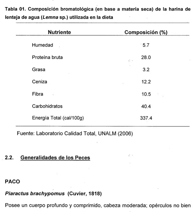 Tabla 01. Composición bromatológica (en base a materia seca) de la harina de  lenteja de agua (Lemna sp.) utilizada en la dieta 