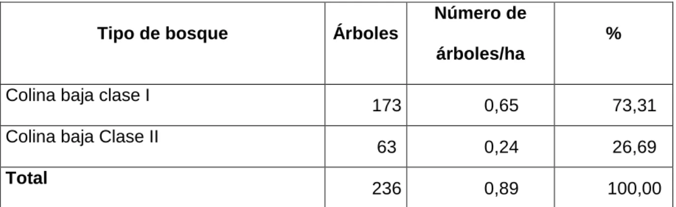 Cuadro 4. Número de árboles total, por hectárea y por tipos de bosque. 