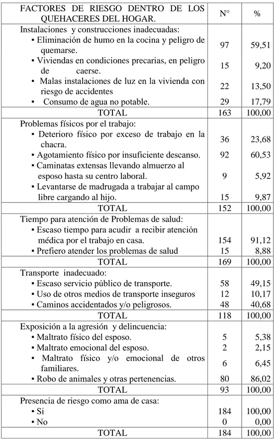 CUADRO 5.  Distribución de las madres de familia según factores de riesgo dentro  de los quehaceres del hogar, como ama de casa, distrito Cajamarca,  2010