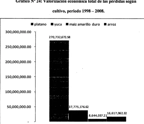 Gráfico N° 24: Valorización económica total de las pérdidas según  cultivo, periodo 1998- 2008