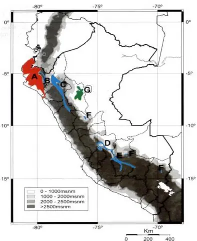 Figura 1. Distribución de BTES en el Perú. Código de Colección: rojo (A) = BTES  Ecuatoriales; azul = BTES Interandinos, B = Huancabamba, C = Marañón, D =  Mantaro, E = Apurímac, F = Remanentes menores; verde (G) = BTES Orientales