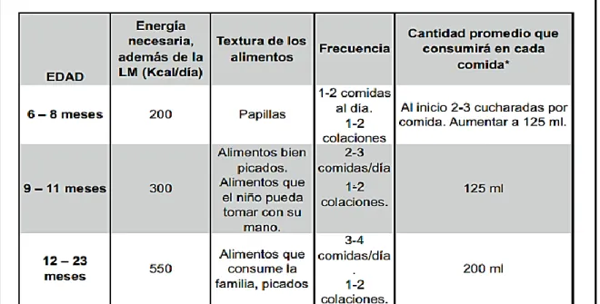 TABLA N° 01: Alimentación complementaria de acuerdo a la edad (11). 