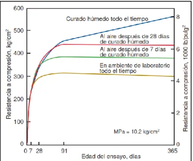 Figura N°2: Efecto del tiempo de curado húmedo sobre el desarrollo de la resistencia del  concreto (Gonnerman, y otros, 1982) (Kosmatka, y otros, 2004)