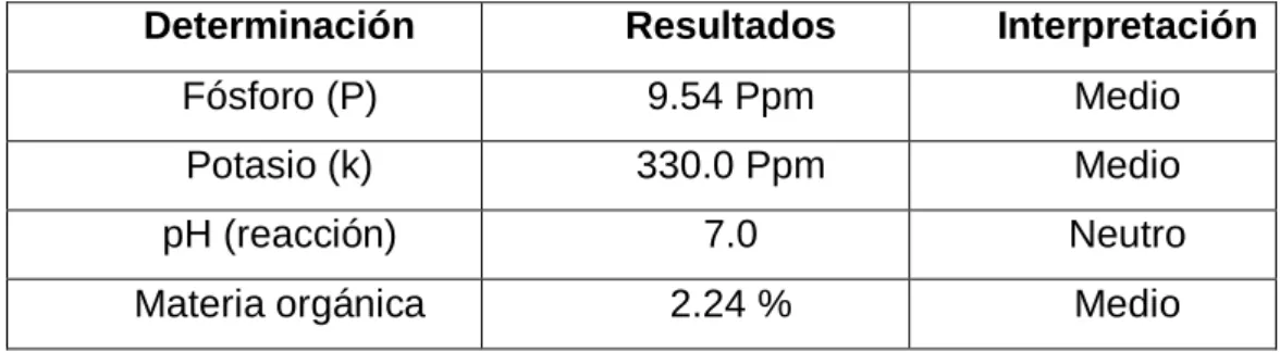 Tabla 4. Resultado del análisis del suelo campo experimental  Determinación  Resultados  Interpretación 