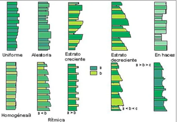 Figura 9 Tipos de asociaciones de estratos de acuerdo con la distribución de los  espesores y de las litologías presentes (Vera, 1994) 
