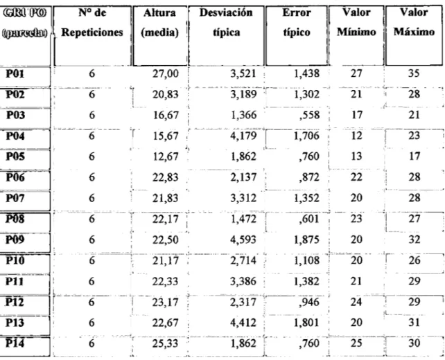 Tabla 06: Descriptivos estadísticos de la altura dominante por parcelas  Valor  Máximo  1,875  ;  20  32  ,_  ' 4,593  2,714  3,386  1,108  ~:----ió  -- r·  - 26  -~ 1,382 21 29  -~  2,317  -,¡----  ~946---1  29  JL_   --4,412  1,801  1  20  31  760  ~~~--