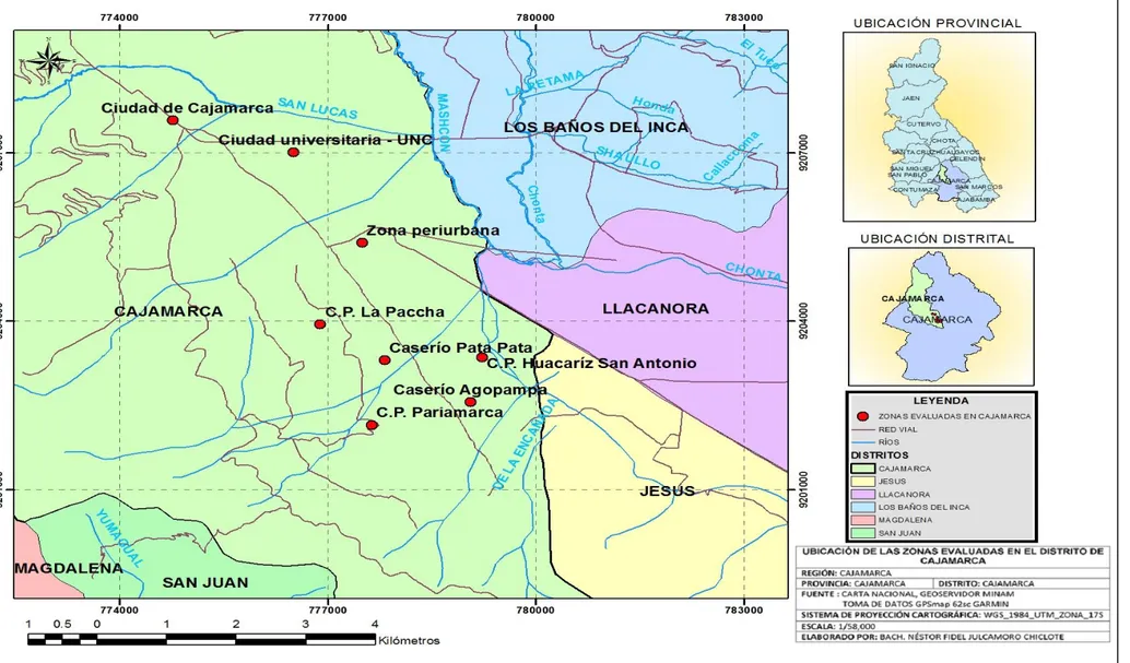 Figura 01. Mapa de Ubicación de las zonas evaluadas en el distrito de Cajamarca. 