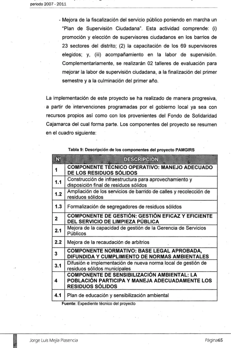 Tabla 9:  Descripción de los componentes dél proyecto PAMGIRS 