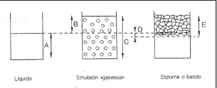 Figura  4.  Representación  esquemática de  la  formación  de  una  espuma  o  batido  A  =  Volumen  del  líquido;  B  =  volumen  del  gas  incorporado;  C  =  volumen total de la dispersión; D = volumen del líquido en la espuma (D =  E-B); E = Volumen d
