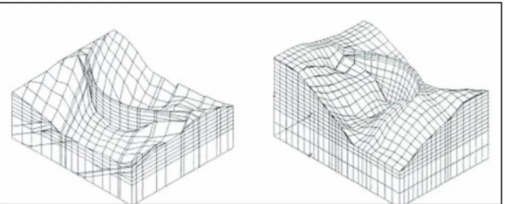 Figura 10: Discretización de la presa y el terreno de apoyo en los estudios previos de la presa rules  (izquierda) y Casasola (Derecha)