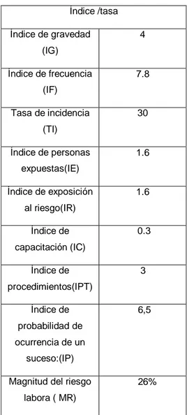 Tabla 5. Índices y tasa de IPER Índice /tasa  Índice de gravedad  (IG)  4  Índice de frecuencia  (IF)  7.8  Tasa de incidencia   (TI)  30  Índice de personas  expuestas(IE)  1.6  Índice de exposición  al riesgo(IR)  1.6  Índice de  capacitación (IC)   0.3 