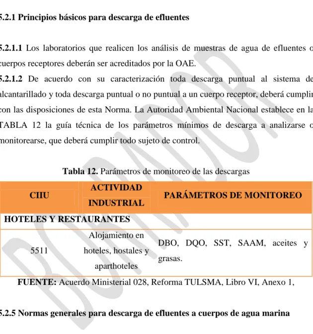 Tabla 12. Parámetros de monitoreo de las descargas  