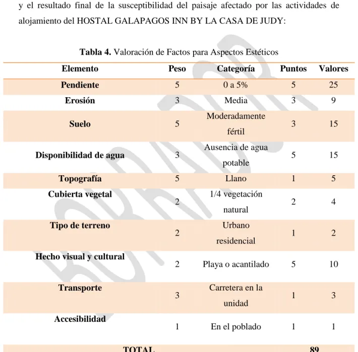 Tabla 4. Valoración de Factos para Aspectos Estéticos 