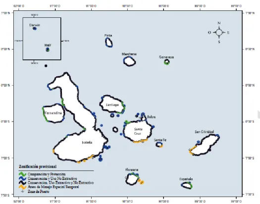 Ilustración 3. Imagen de las Islas Galápagos, detallando la Zona de Uso Limitado en  subzonas _de Manejo (2.1, 2.2 y 2.3) y Áreas de Manejo Especial Temporal (2.4) 