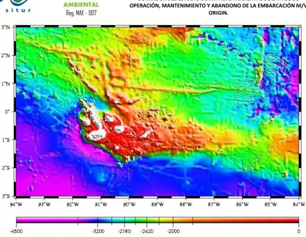 Fig. 7.3. Batimetría sombreada de las islas Galápagos. Fuente: NOAA, 2007. 