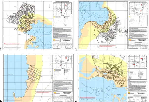 Fig. 7.7., 7.8., 7.9. y 7.10. Mapa de riesgo de tsunami para los 4 centros poblados de las islas Galápagos: a
