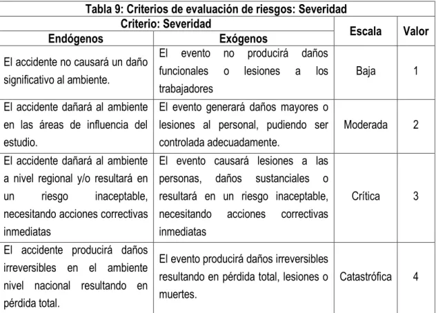 Tabla 9: Criterios de evaluación de riesgos: Severidad 