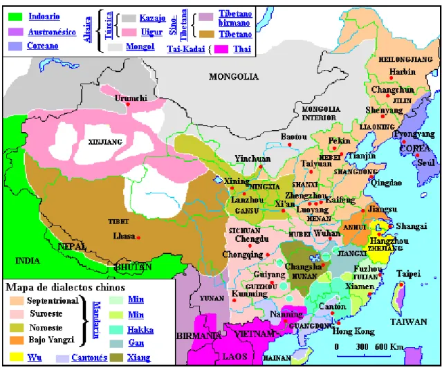 Figura 1. Los dialectos en China. Fuente: Beltrán Roa et al. (2011) 