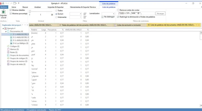 Figura 5. Análisis en formato listado de frecuencias de las palabras de un documento en Atlas