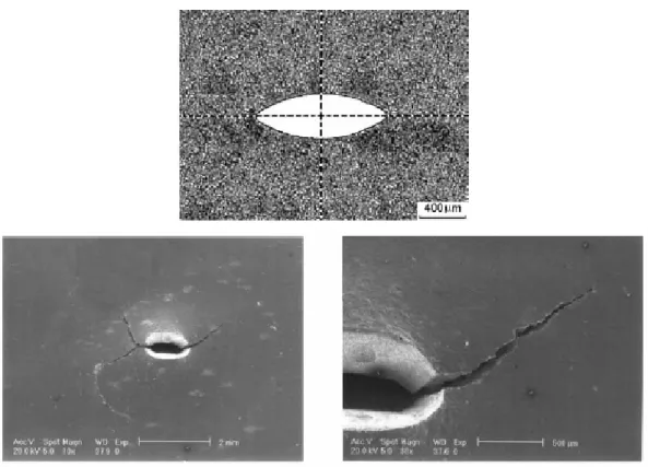 Figura 2.13. Fisura y micrografías del fallo frágil de la probeta utilizada por Ju et  al